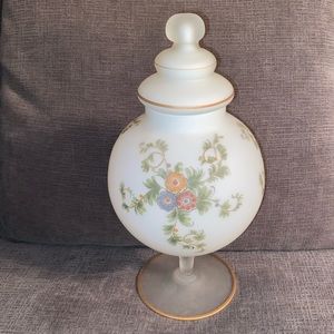 Vtg Frosted Satin Bristol Glass Pedestal Apothecary Globe Jar Handpainted Floral